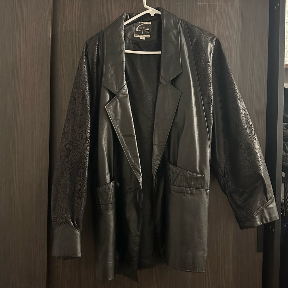Vintage one-of-a-kind paisley sleeve print leather oversized blazer coat